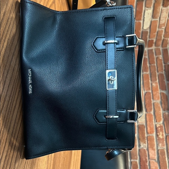 Michael Kors Black Leather Men's Briefcase Satchel with Silver Hardware